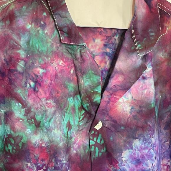 handmade tie dyed men's short sleeve camp shirt purple blue maroon star sunburst - Picture 5 of 9
